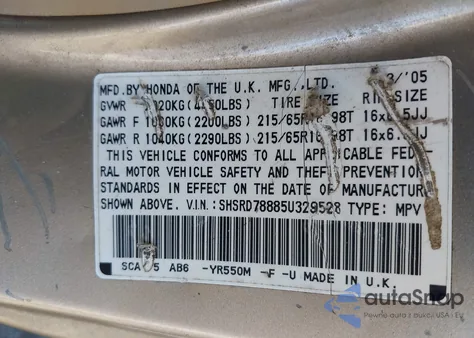 2005 Honda Cr-V Ex из США, поврежденный, VIN SHSRD78885U329528